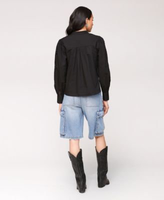 Women's Puff Sleeve Cropped Lace Scallop Button Up Blouse