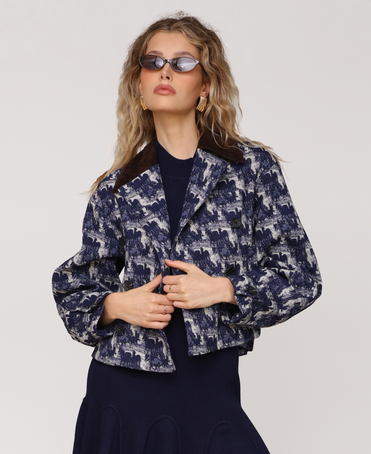 Women's Double-Breasted Boxy Jacket - Indigo Wild Horses