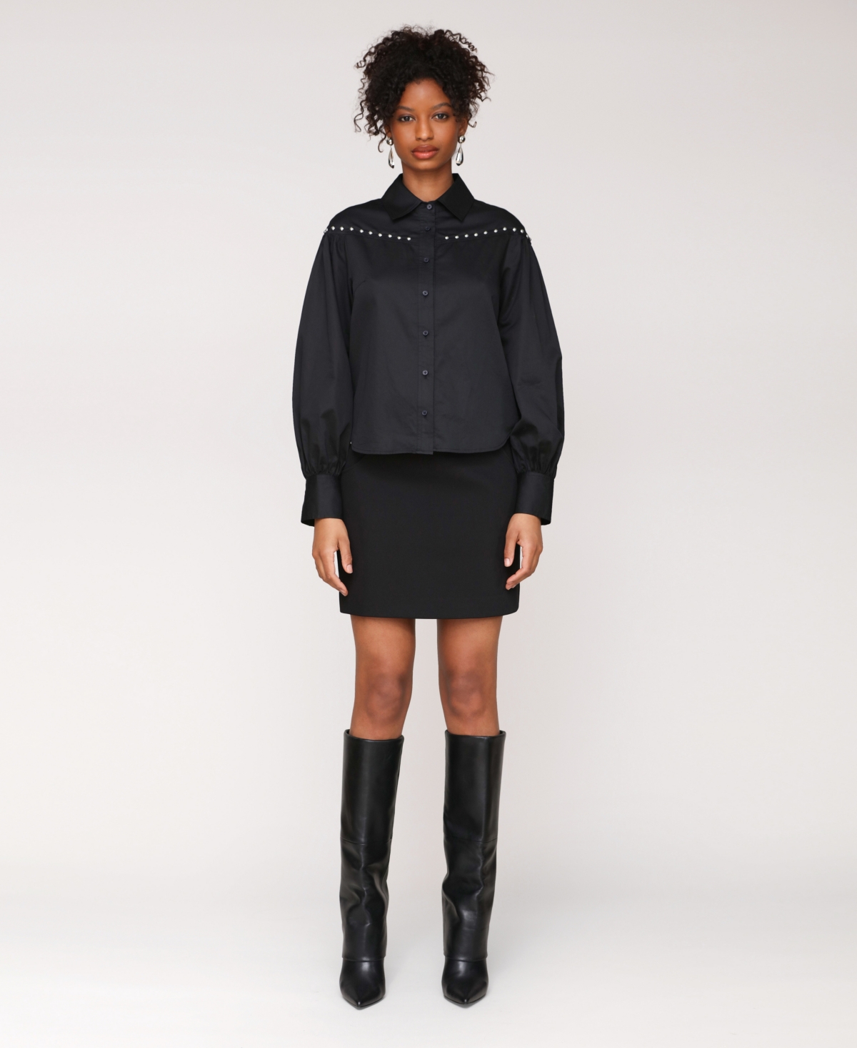 Women's Puff Sleeve Studded Shirt - Black