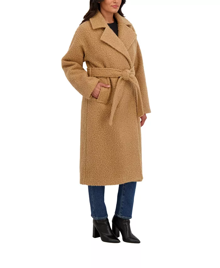 Women's Long Belted Boucle Wrap Coat - thumbnail 3