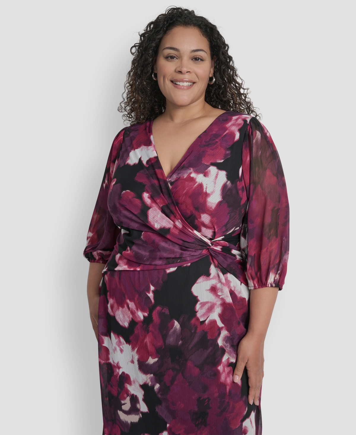 Dkny Plus Size Bubble Sleeve Surplice Neck Front Knot Midi Dress In Purple