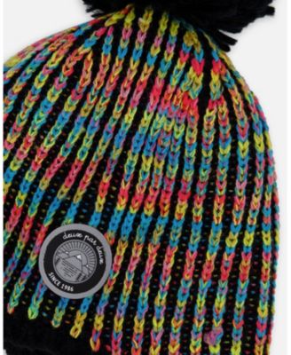 Girl Lined Peruvian Knit Pompom Hat Black and Multicolor - Toddler|Child