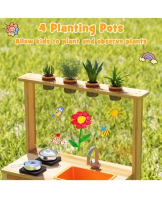 Kids Mud Kitchen Fir Wood Playset with Planting Pots and Blackboards