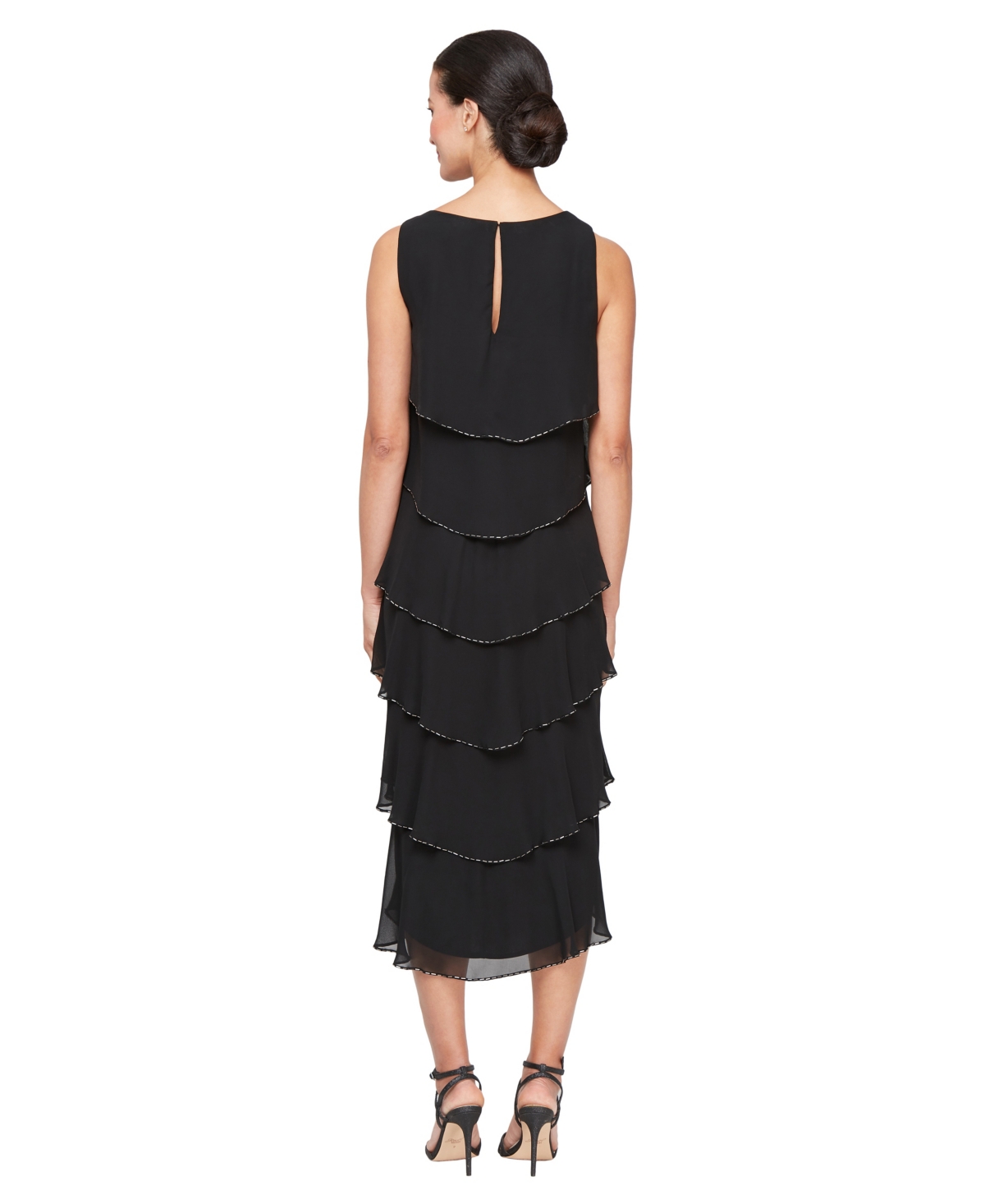 Sl Fashions Women's Boat Neckline Tiered Beads Midi Dress In Black
