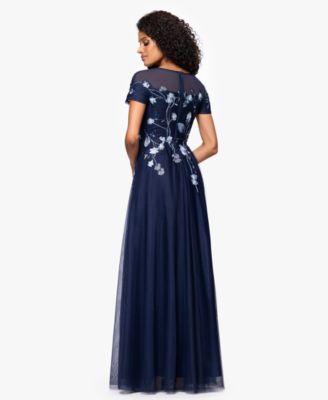 Women's Long Mesh Sequin Embroidered Cap Sleeve Dress
