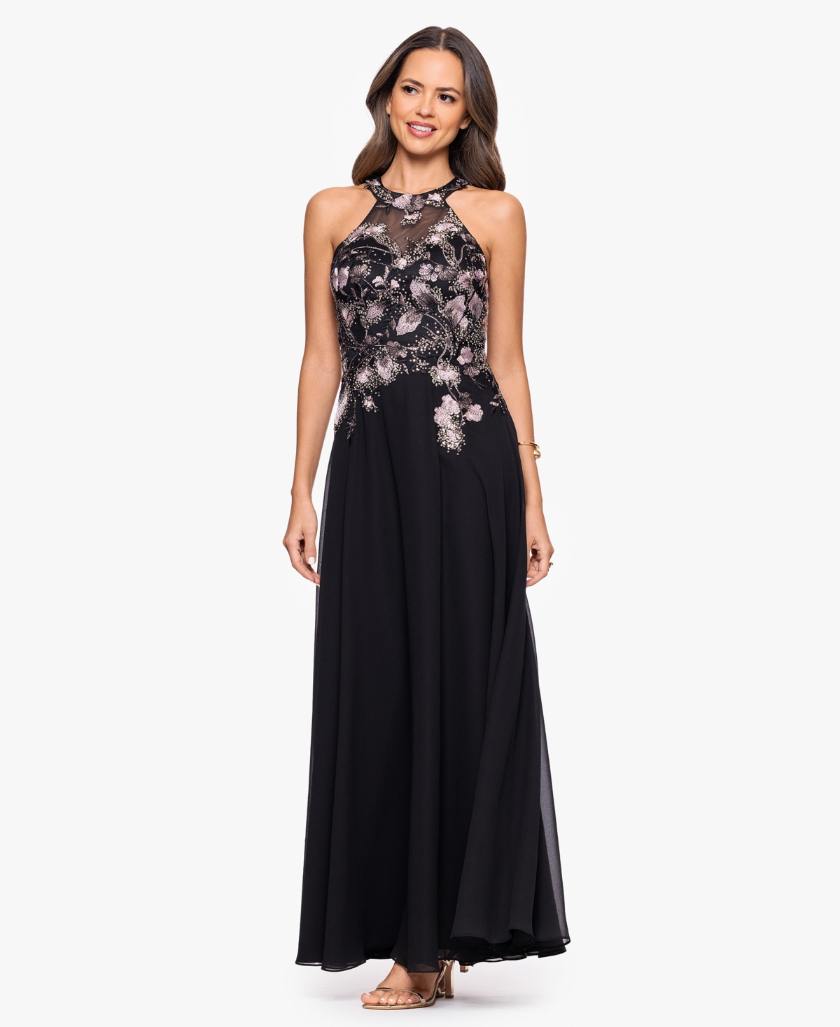 Betsy & Adam Metallic Embroidery Chiffon Gown In Black