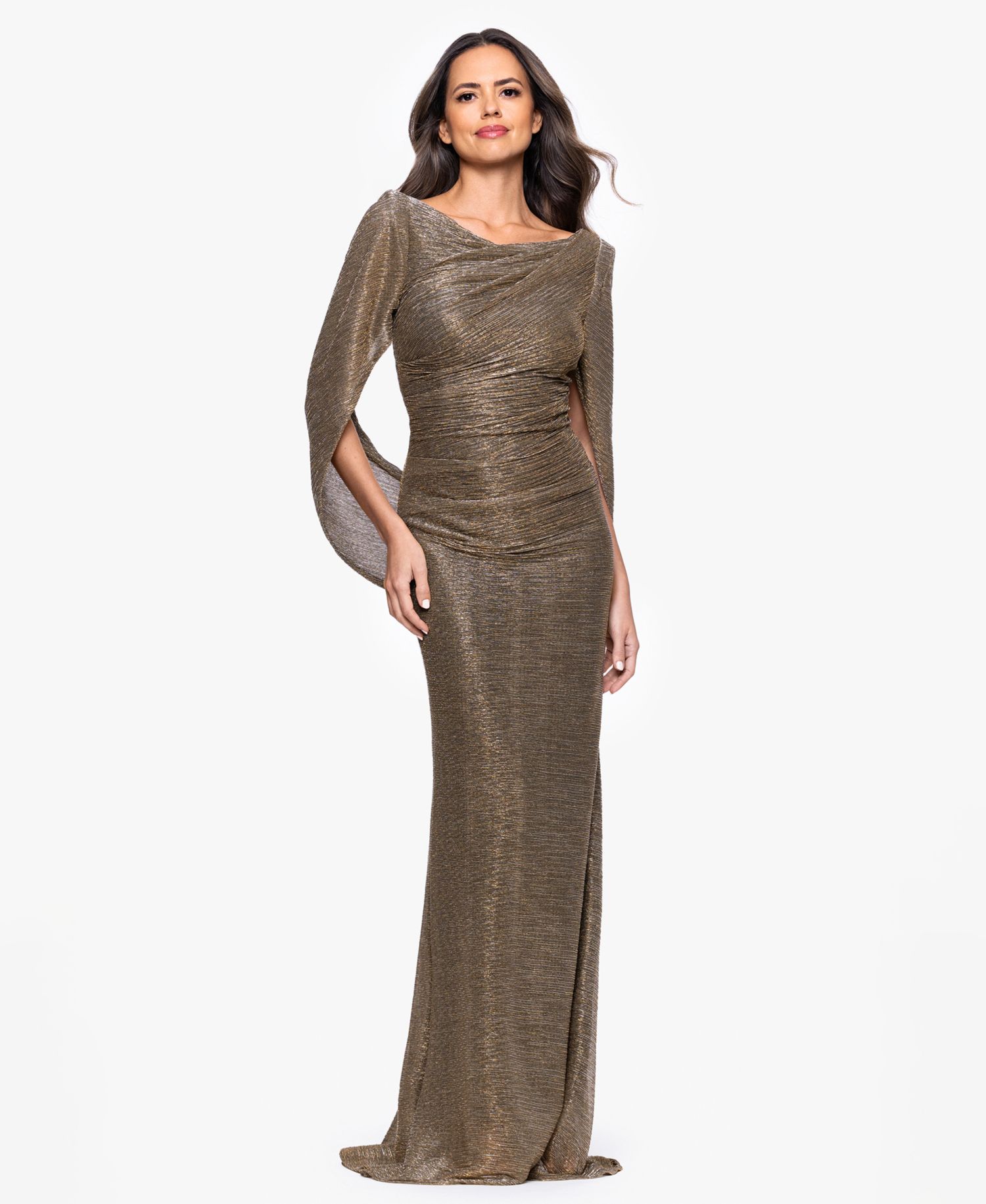 Women's Long Metallic Crinkle Drape Back Boat Neck Dress