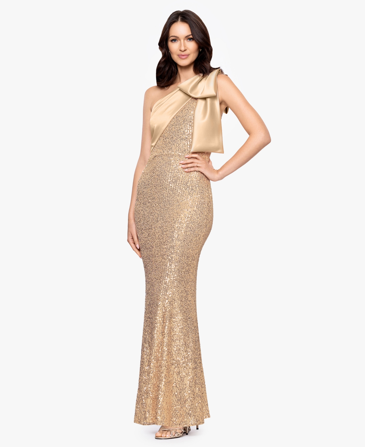 Betsy & Adam Women's Sequined One Shoulder Gown In Neutral