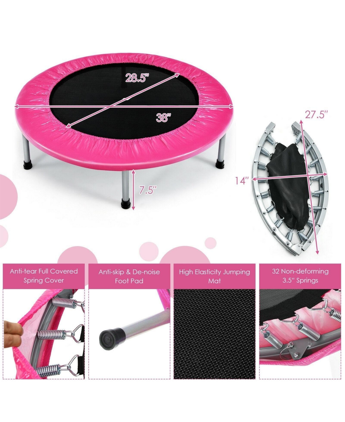 38 Inch Mini Folding Trampoline Portable Leisure Fitness Backboard