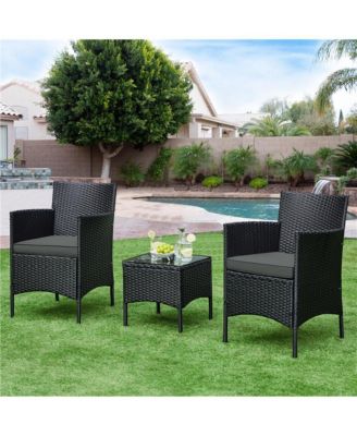 3-Piece Rattan Furniture Set with 2-Piece Woven Rattan Chairs with Cushions & 1 Side Table, Black/Gray