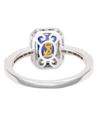 Suzy Levian Sterling Silver Emerald Cut Sapphire & Created White Sapphire Halo Ring