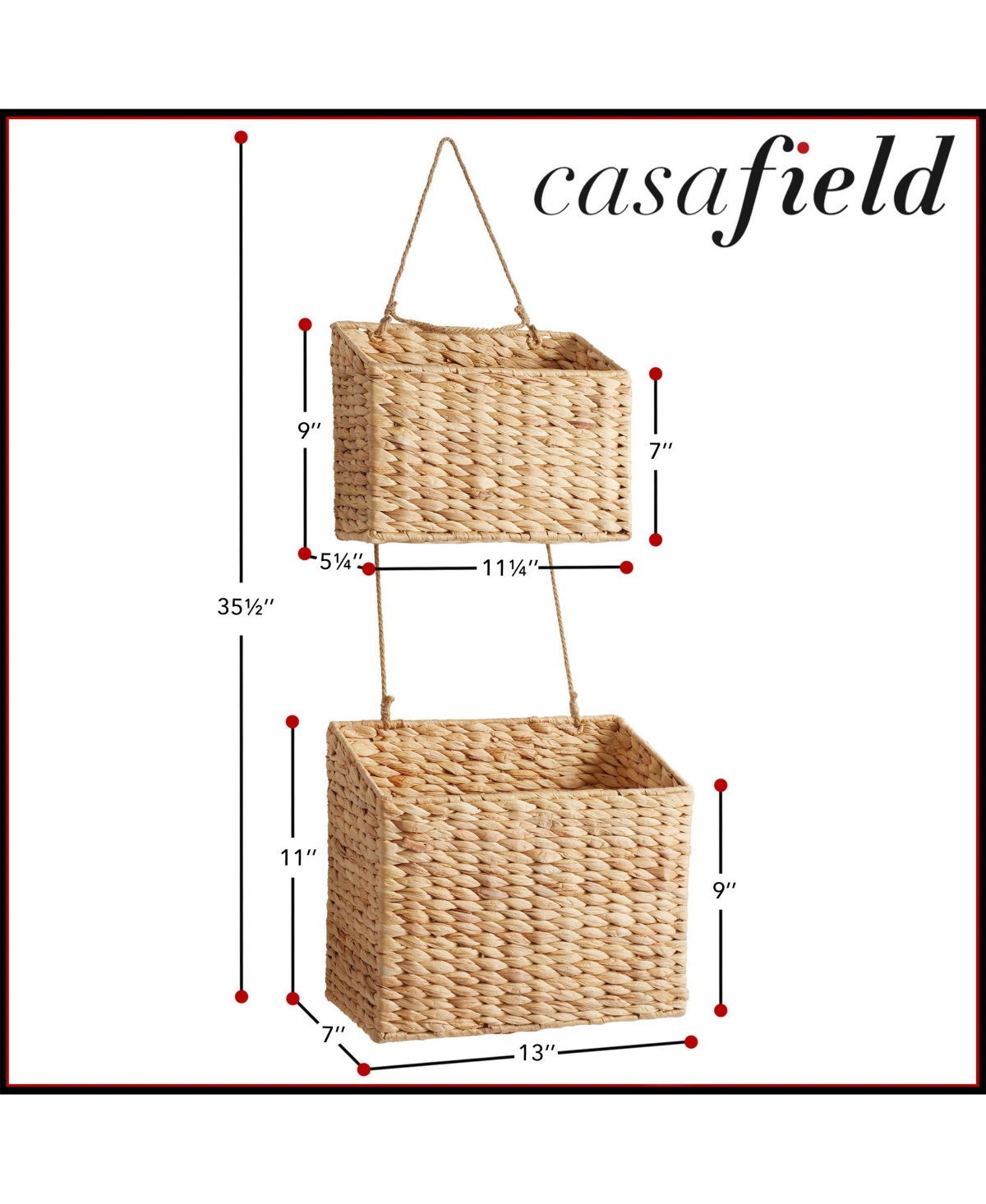 Casafield 2-Tier Hanging Storage Basket Set, Natural Water Hyacinth Wall Basket, Boho Organizer for Kitchen Pantry, Home Office, Entryway, Bathroom