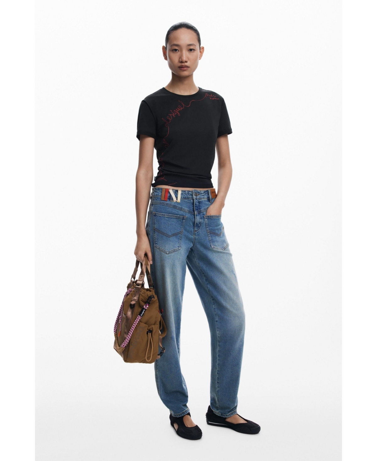 Desigual Embroidered Stretch Cotton T-shirt In Black