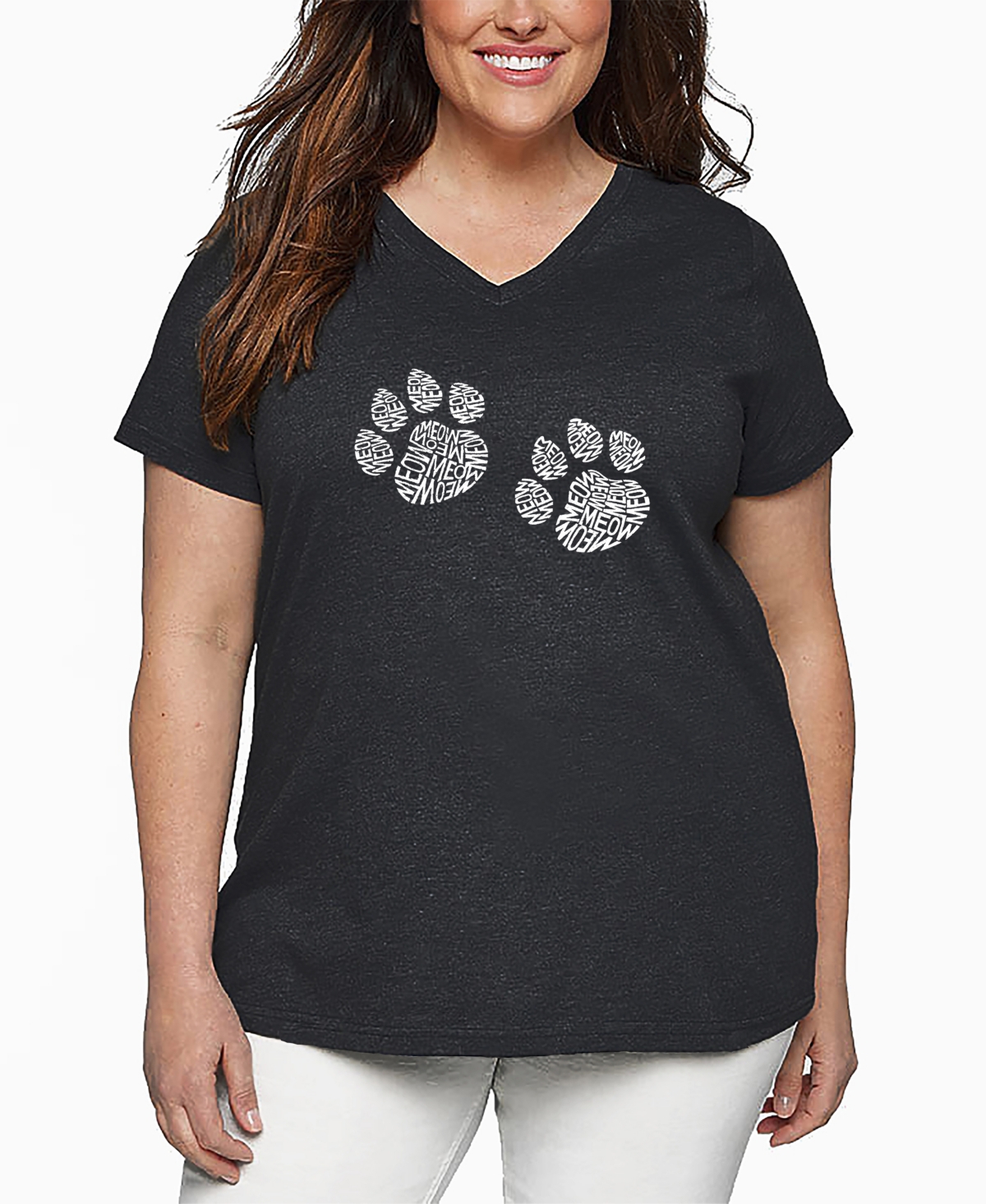 La Pop Art Plus Size Meow Cat Prints Word Art V-neck T-shirt In Gray