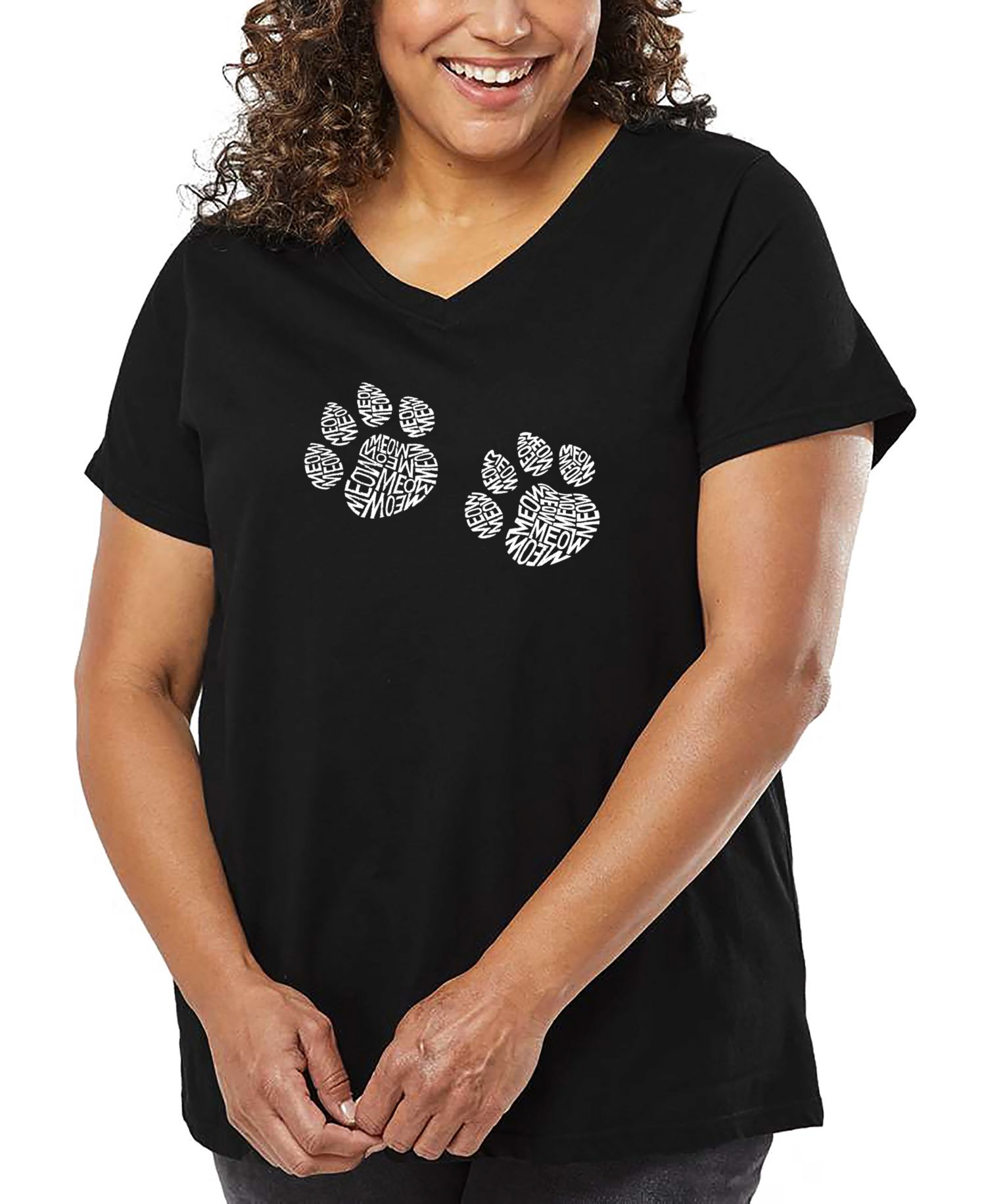 Plus Size Meow Cat Prints Word Art V-Neck T-Shirt