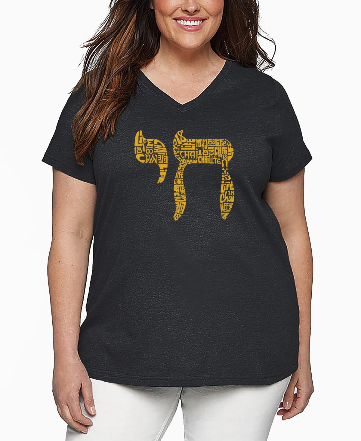 La Pop Art Plus Size Chai Word Art V-neck T-shirt In Black