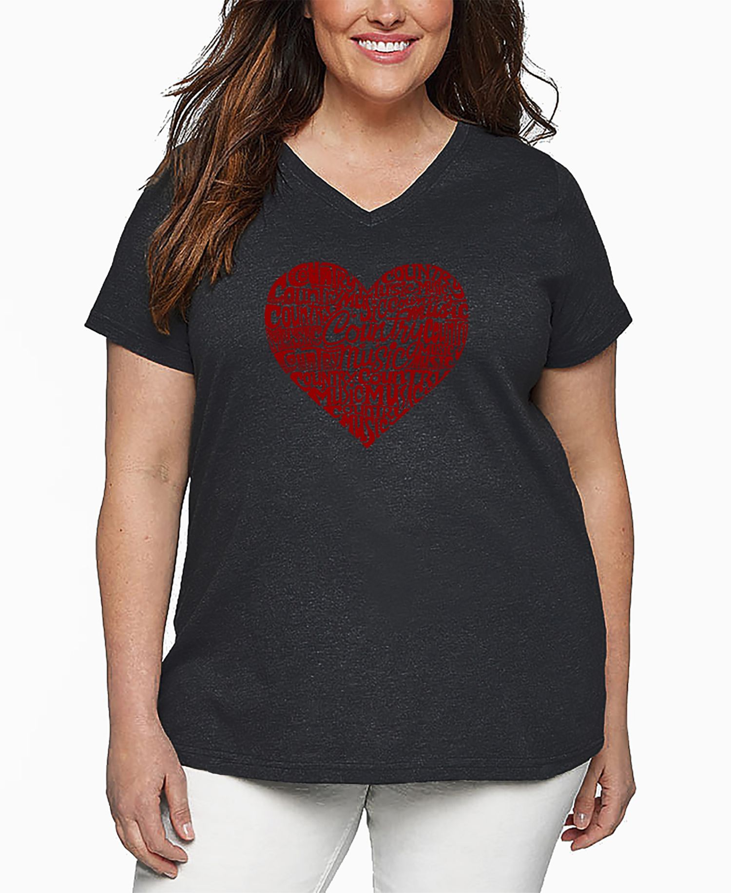 Plus Size Country Music Heart Word Art V-Neck T-Shirt