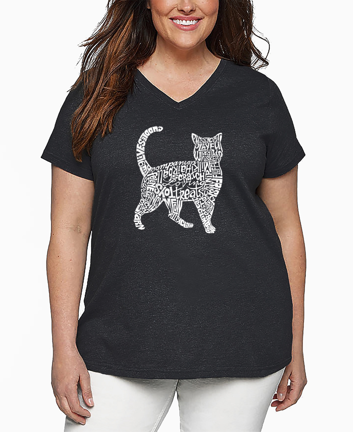 La Pop Art Plus Size Cat Word Art V-neck T-shirt In Gray