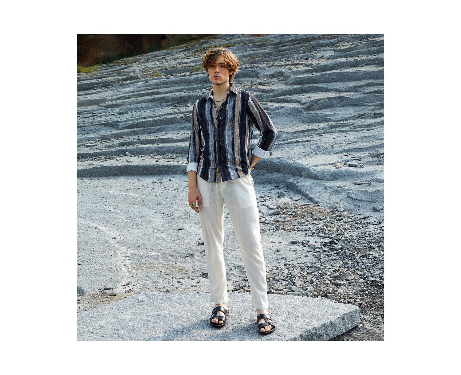 Men's Prussian Blue & Ash Brown Brushed-Stripe Shirt