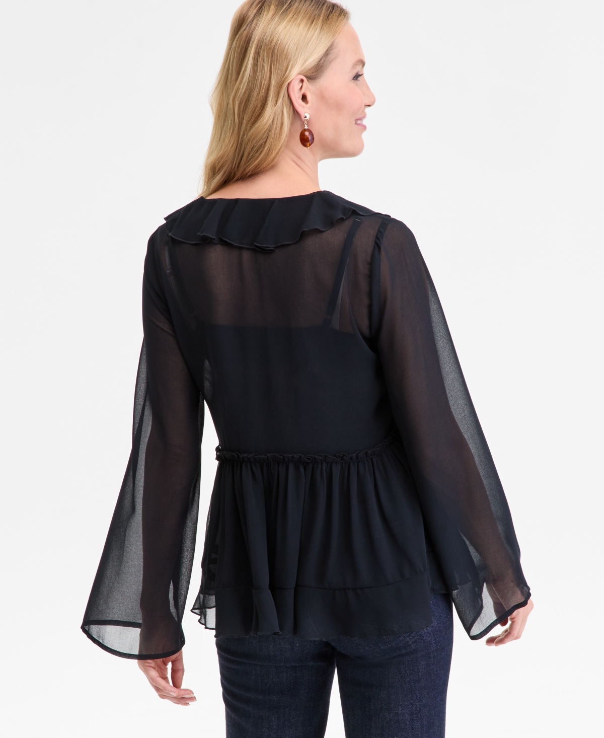 Inc International Concepts Women's Printed Ruffle-collar Top, Macy's Exclusive In Black