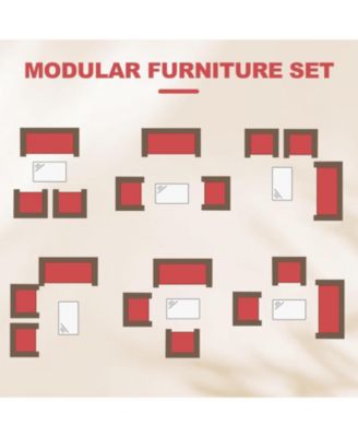 4 Pieces Brown/Red Rattan Outdoor Patio Furniture Set with Upholstered Sofa, 2 Chairs & Coffee Table for Backyard & Porch