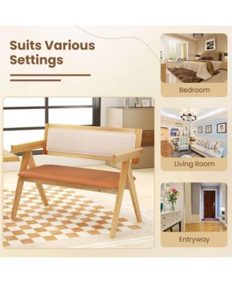 Rubber Wood Dining Bench w/Armrest Sherpa Upholstered Backrest Soft-padded Seat