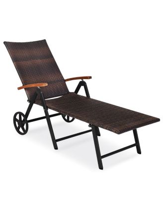 2PCS Folding Patio Rattan Lounge Chair Chaise Aluminum W/ Wheel & Red Cushion