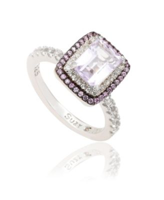 Suzy Levian Sterling Silver Emerald Cut Topaz and Sapphire Double Halo Ring
