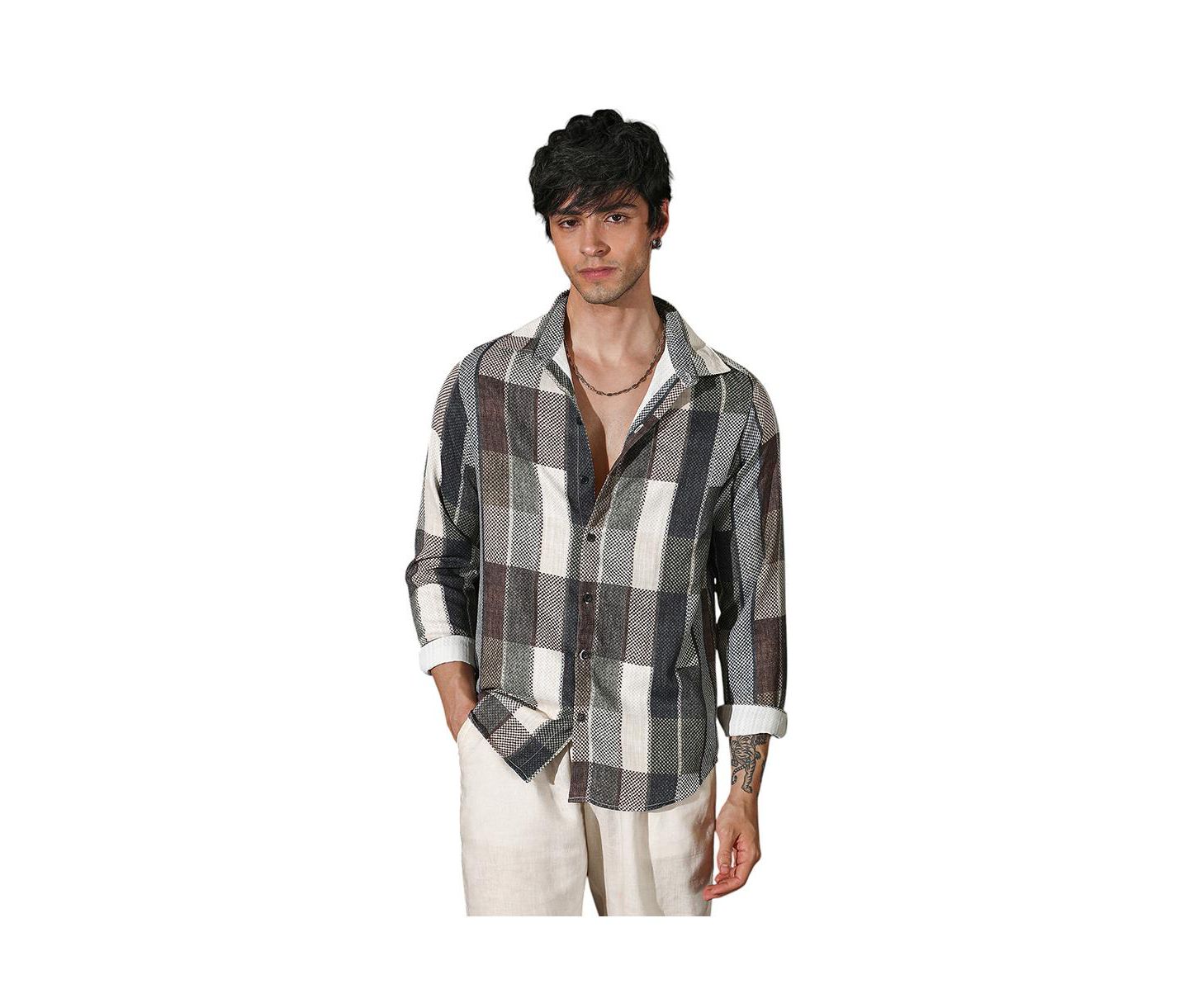 Мужская рубашка Cahoot Campus Sutra Multicolour Woven-Block Oversized, цвет: Серый — фото 1