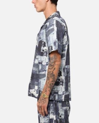 Men's Printed Denim Patch Button Up Shirt