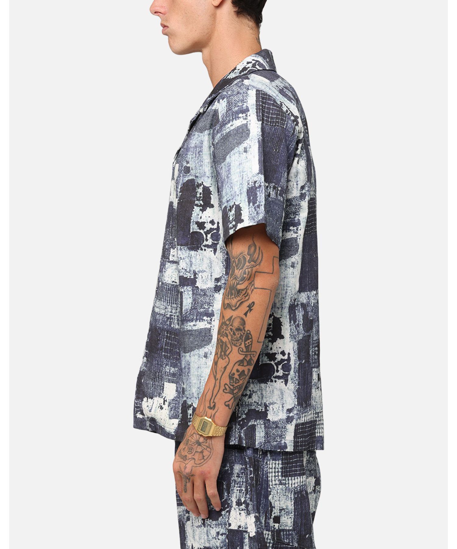 Men's Printed Denim Patch Button Up Shirt