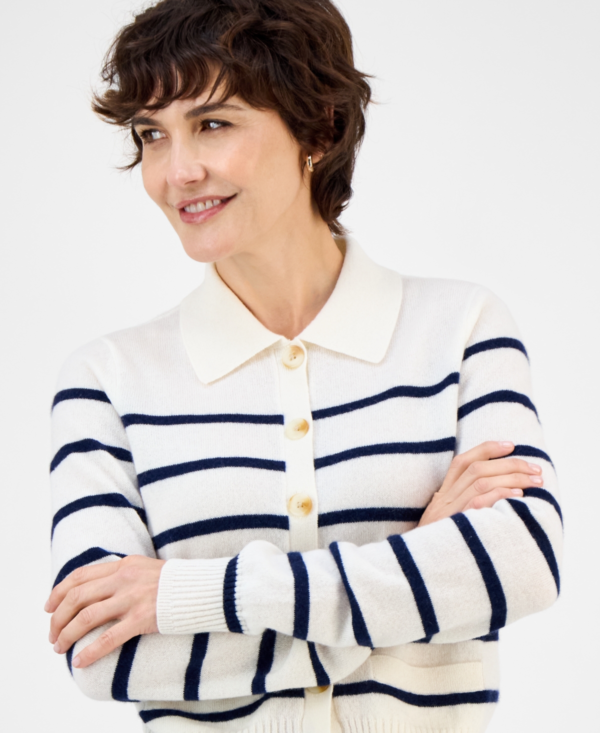 Charter Club Women's Cashmere Stripe Button-front Cardigan, Macy's Exclusive In White
