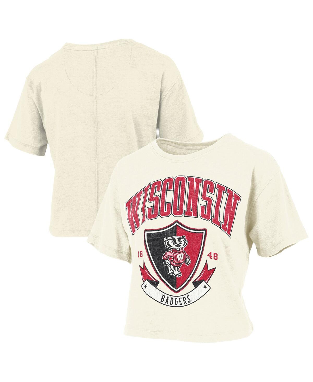 Pressbox Women's Cream Wisconsin Badgers Buckler Vintage Cropped T-shirt In Burgundy