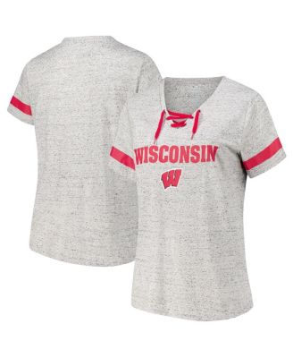 Fanatics - Women's Heather Gray Wisconsin Badgers Plus Size Lace-Up V-Neck T-Shirt