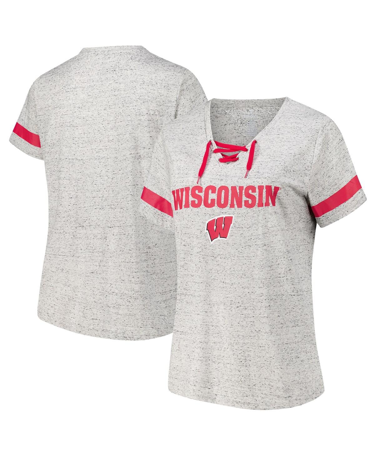 Fanatics Women's Heather Gray Wisconsin Badgers Plus Size Lace-up V-neck T-shirt In Gray