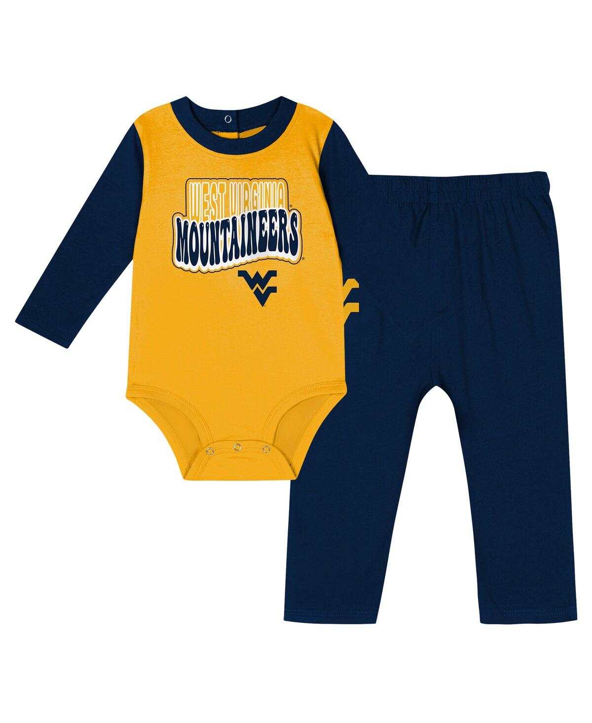 Outerstuff Baby Boys And Girls Navy West Virginia Mountaineers Double Up Long Sleeve Bodysuit And Pant Set In Multi