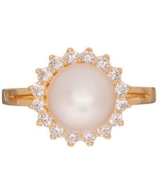 Cultured Freshwater Pearl (10mm) & Cubic Zirconia Halo Ring in 18k Gold-Plated Sterling Silver