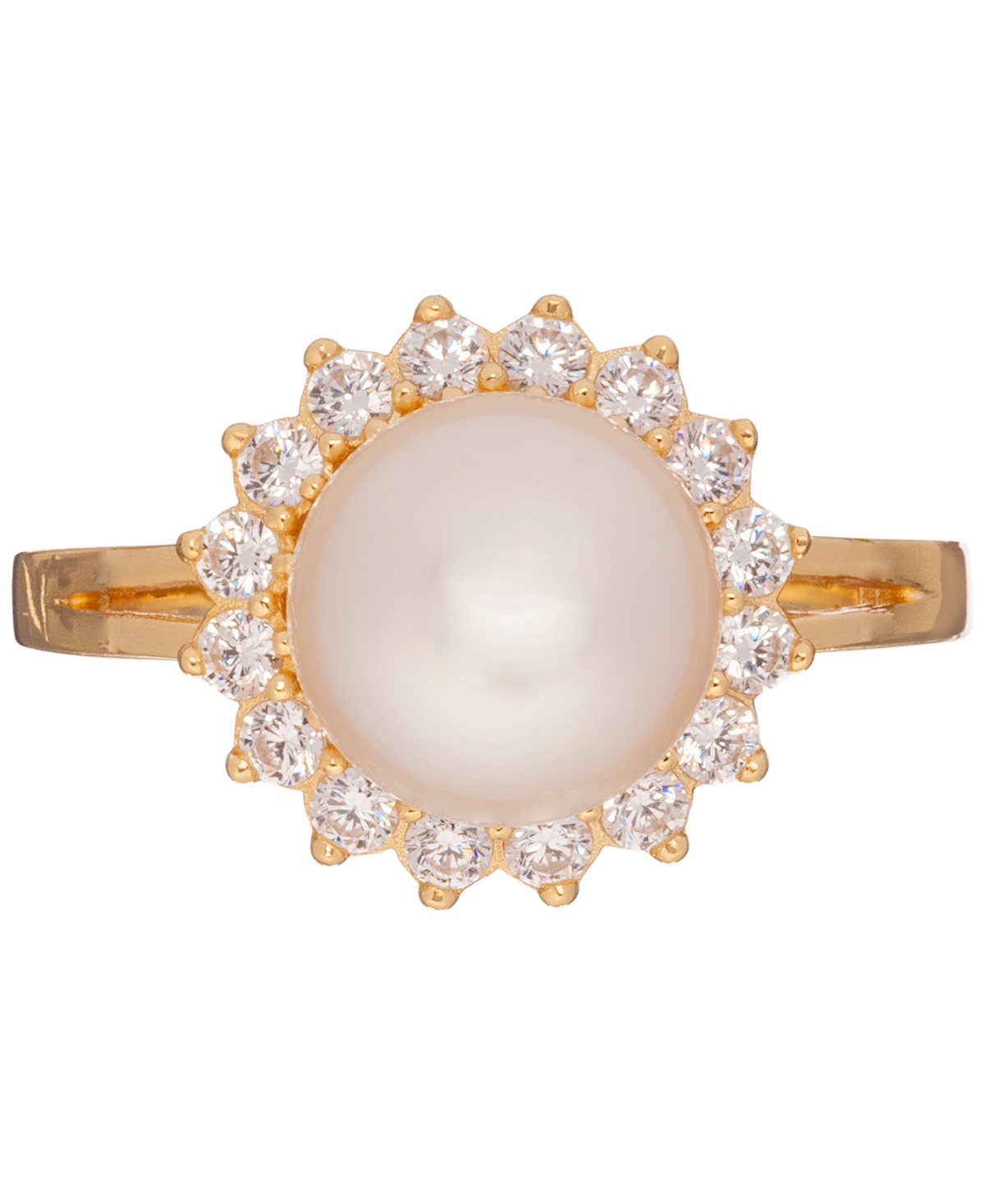 Macy's Cultured Freshwater Pearl (10mm) & Cubic Zirconia Halo Ring In 18k Gold-plated Sterling Silver In Transparent