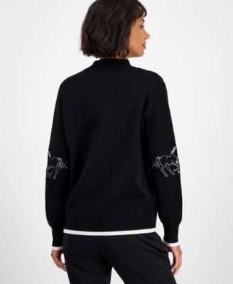 Women's Mock-Neck Embroidered-Horse Sweater 