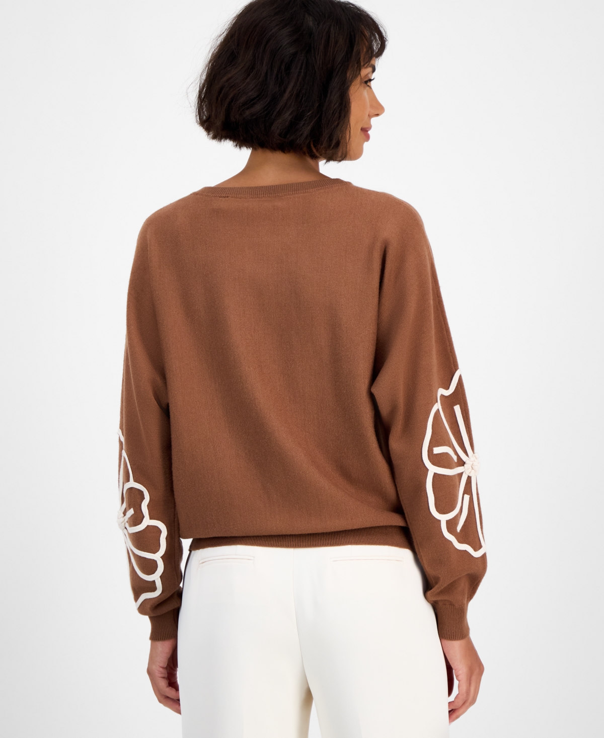 T Tahari Women's Floral-Embroidered Long-Sleeve Sweater