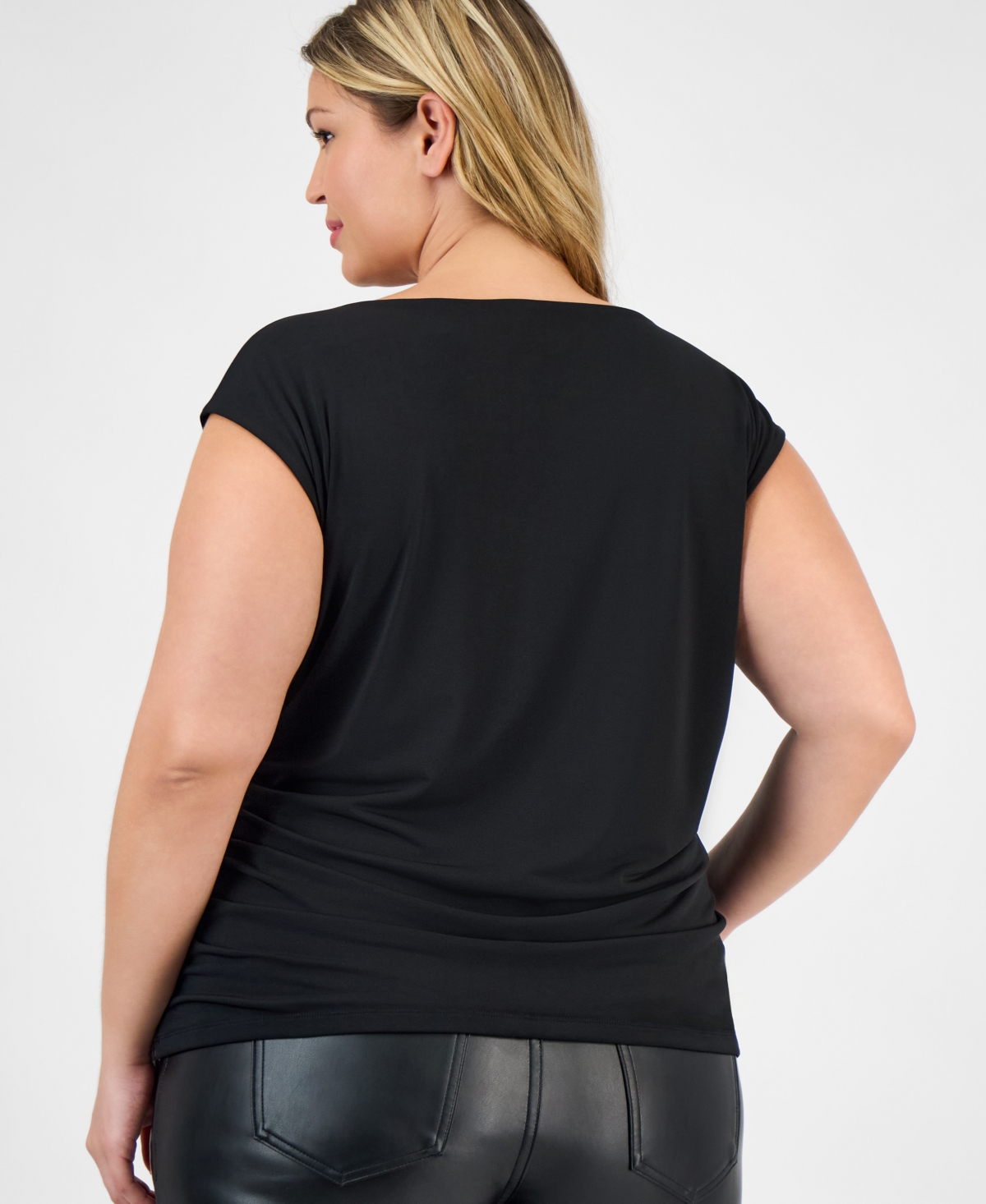 Inc International Concepts Plus Size Ruched Boat-neck Extended-sleeve Top, Macy's Exclusive In Black