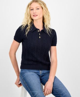 Women's Cotton Polo Cable-Knit Sweater 