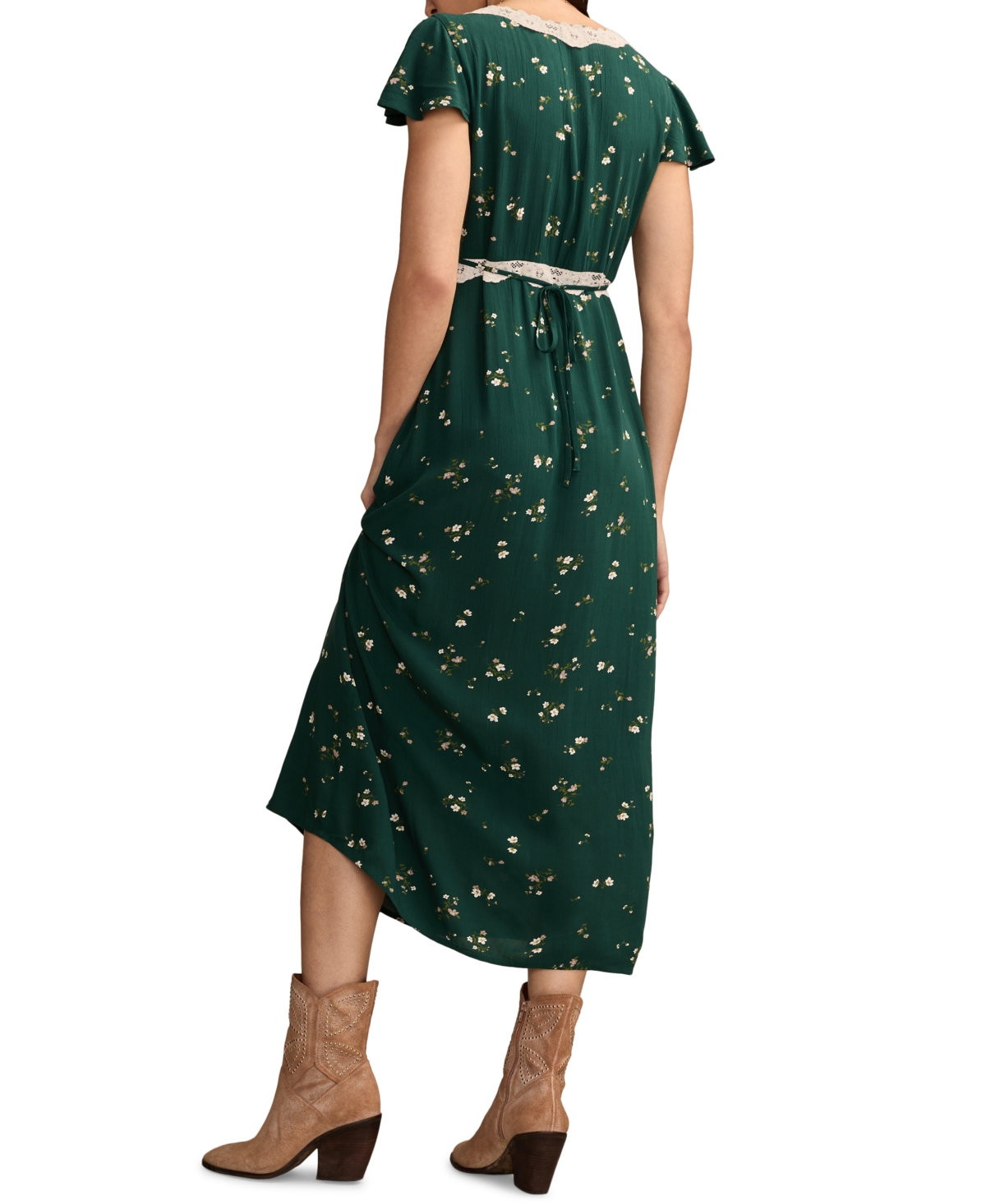 Lucky Brand Lace Trim Flutter Sleeve Midi Dress In Green