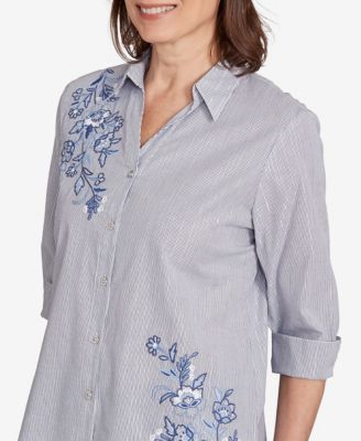 Women's Classic Diagonal Floral Metallic Stripe Button Front Top