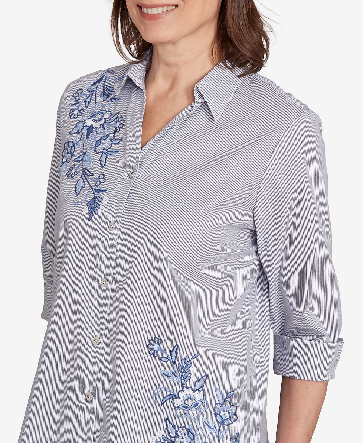 Alfred Dunner Women's Classic Diagonal Floral Metallic Stripe Button Front Top In Blue