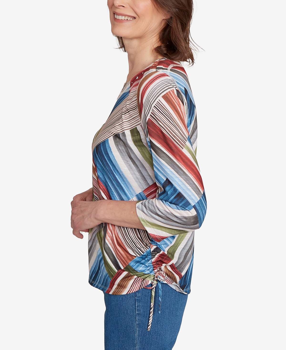 Alfred Dunner Women's Classic Stripe Patchwork Ruched Sides Top In Multi