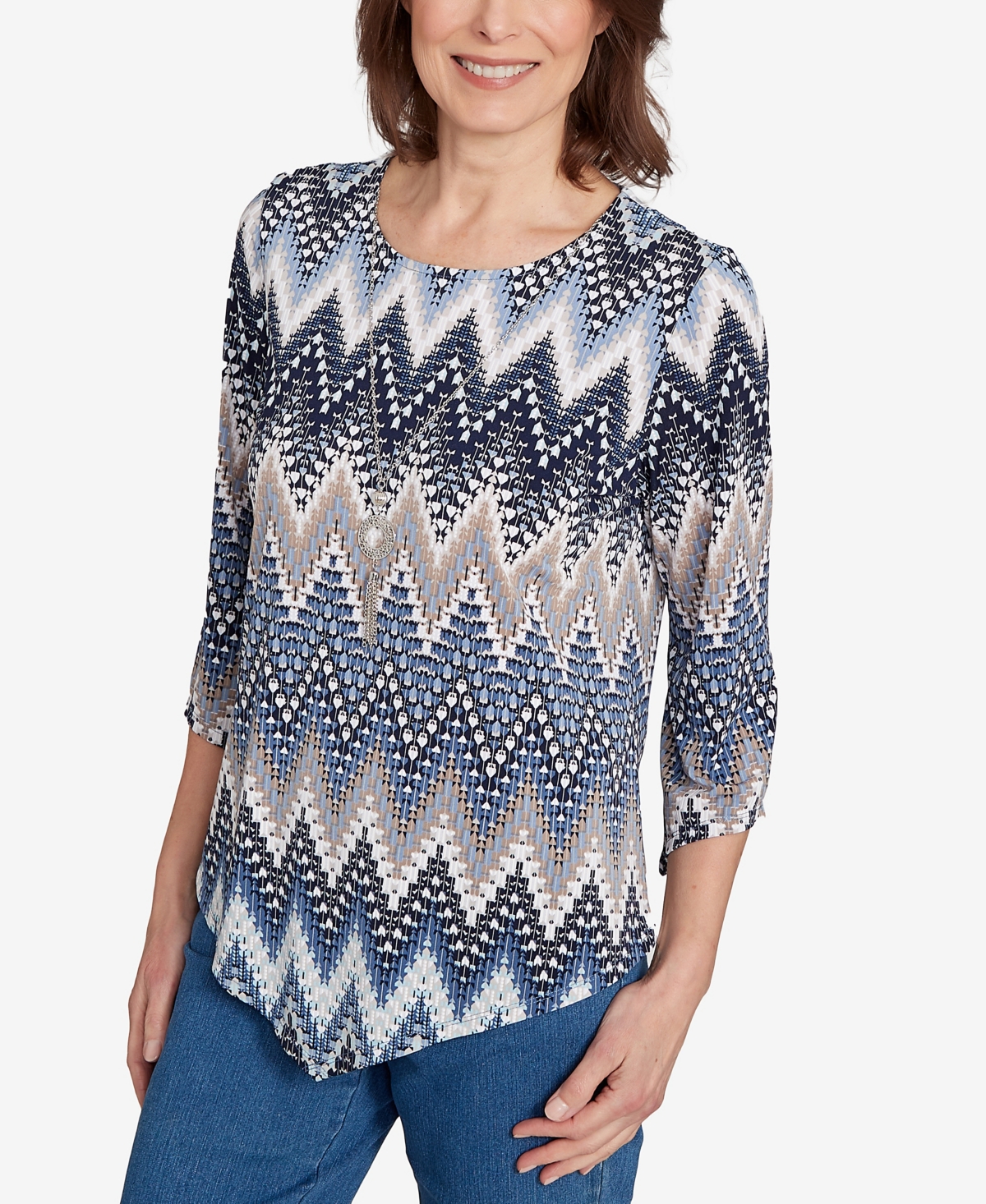 Alfred Dunner Women's Classic Puff Print Textured Chevron Top In Blue