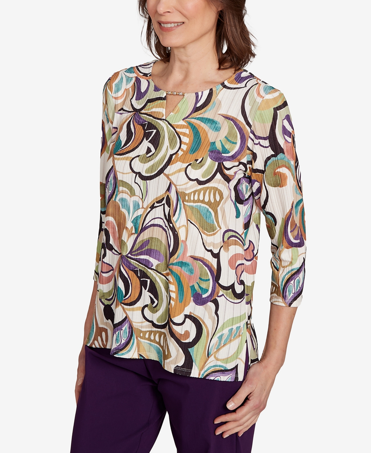 Alfred Dunner Women's Classic Abstract Scroll Split Neck Top In Multi