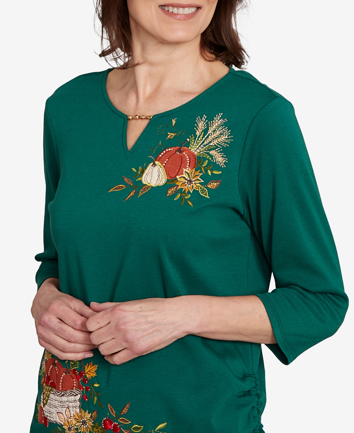 Alfred Dunner Women's Classic Asymmetric Pumpkin Split Beaded Floral Top In Green