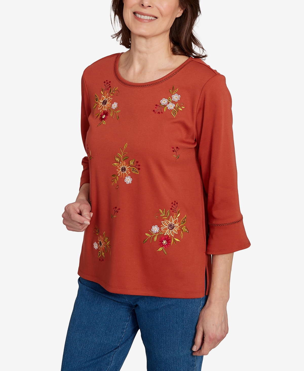 Alfred Dunner Women's Classic Tossed Floral Flutter Sleeve Top In Brown